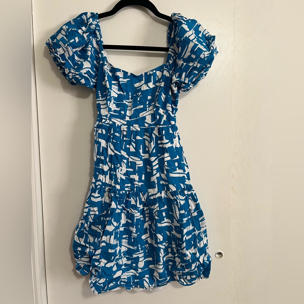 Blue, White Puff Sleeve Dress resort wear beach, boho style size XS babydoll